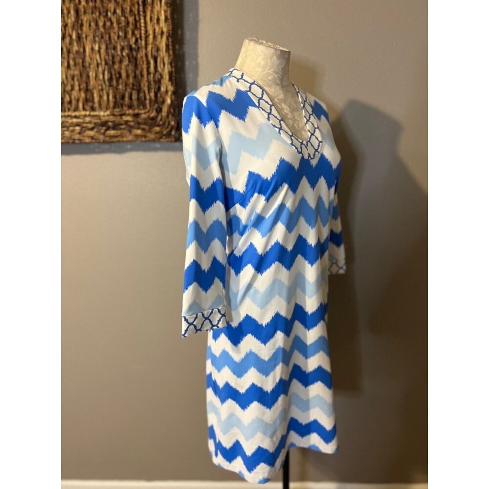 J. McLaughlin Dress Blue White S Small 3/4 Long Sleeve Stretch Shift Washable - Picture 7 of 9